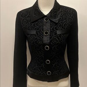 COSETTE Elegant Black Jacquard, Satin Trimmed Patterned Women's Jacket Size XS